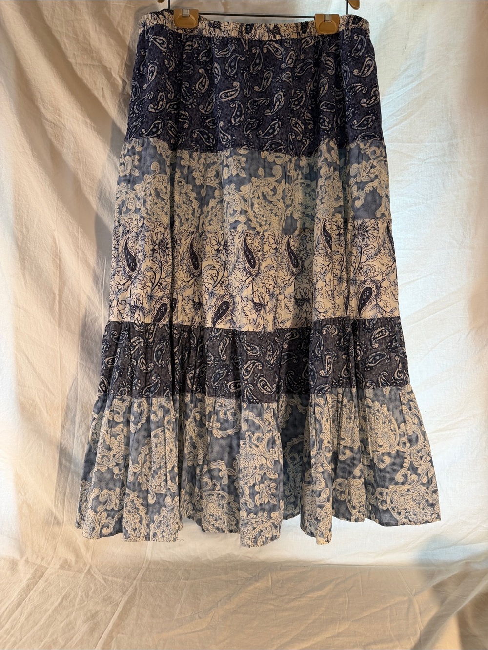 Vintage Coldwater Creek Navy & Cream Paisley Tiered Maxi Skirt